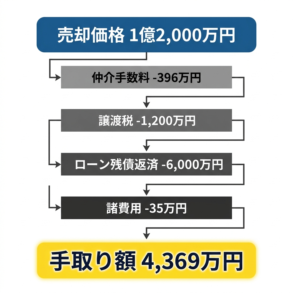 一棟マンション売却時の手取りシミュレーション図解 売却価格1億2000万円から諸費用を差引き手取り額4369万円